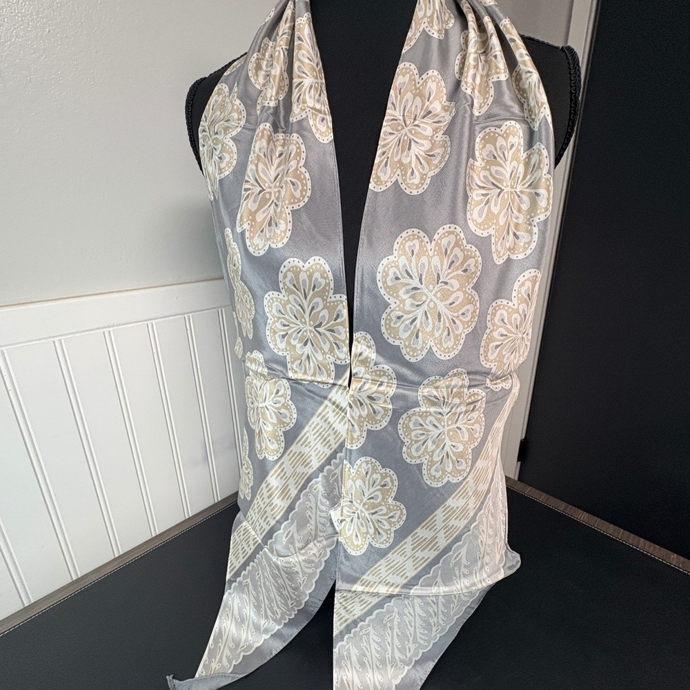 Liz Claiborne Vintage 100% Silk Scarf Grey Floral Medallion Oblong Made in Japan